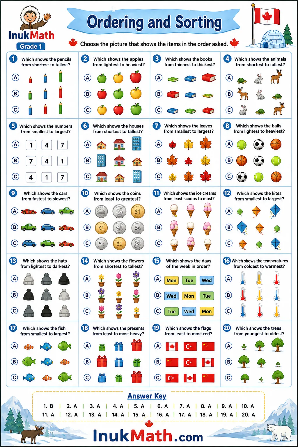 Ordering and Sorting – Grade 1 math worksheet