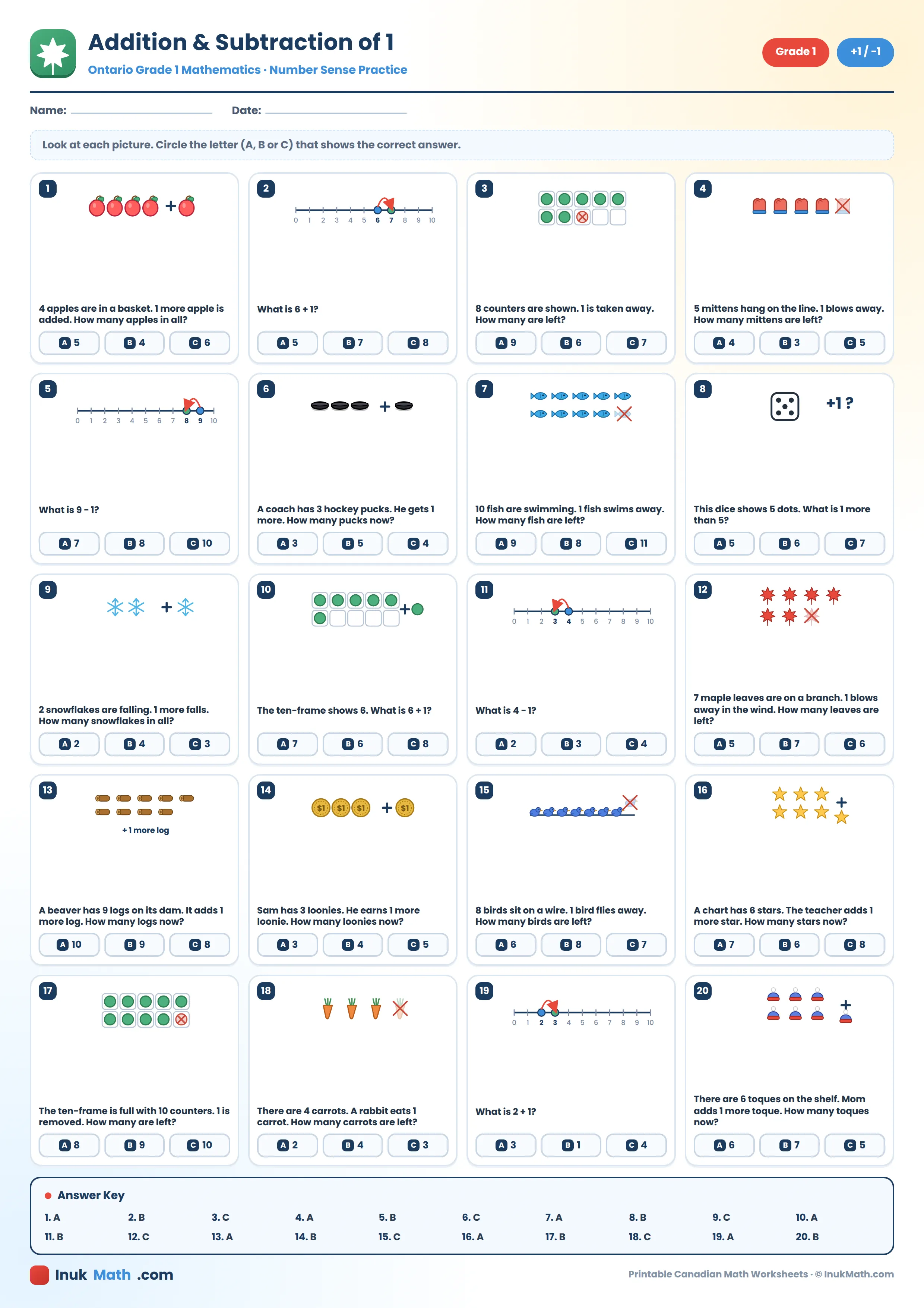 Addition and Subtraction of 1 – Grade 1 math worksheet