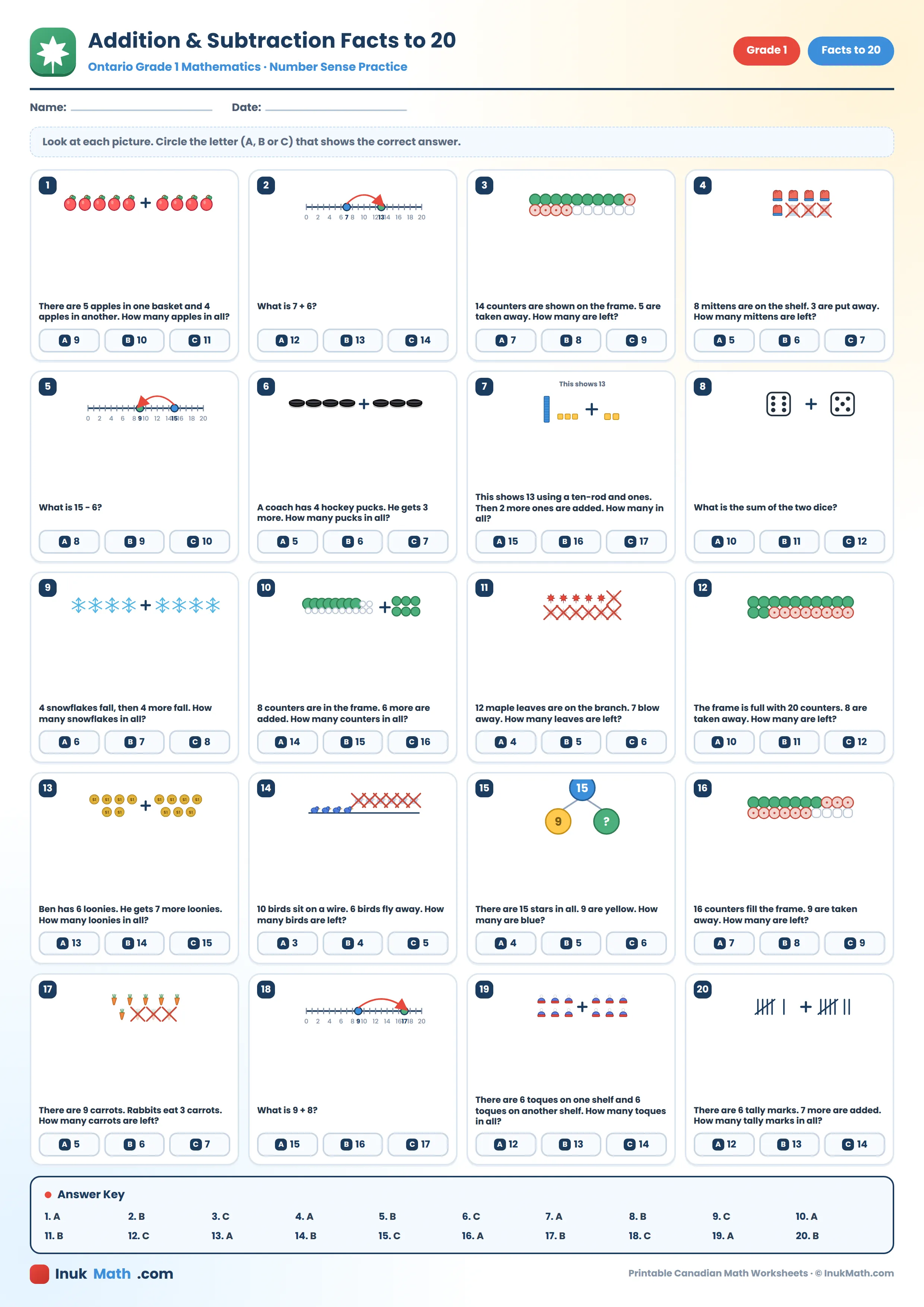 More about Addition and Subtraction – Grade 1 math worksheet