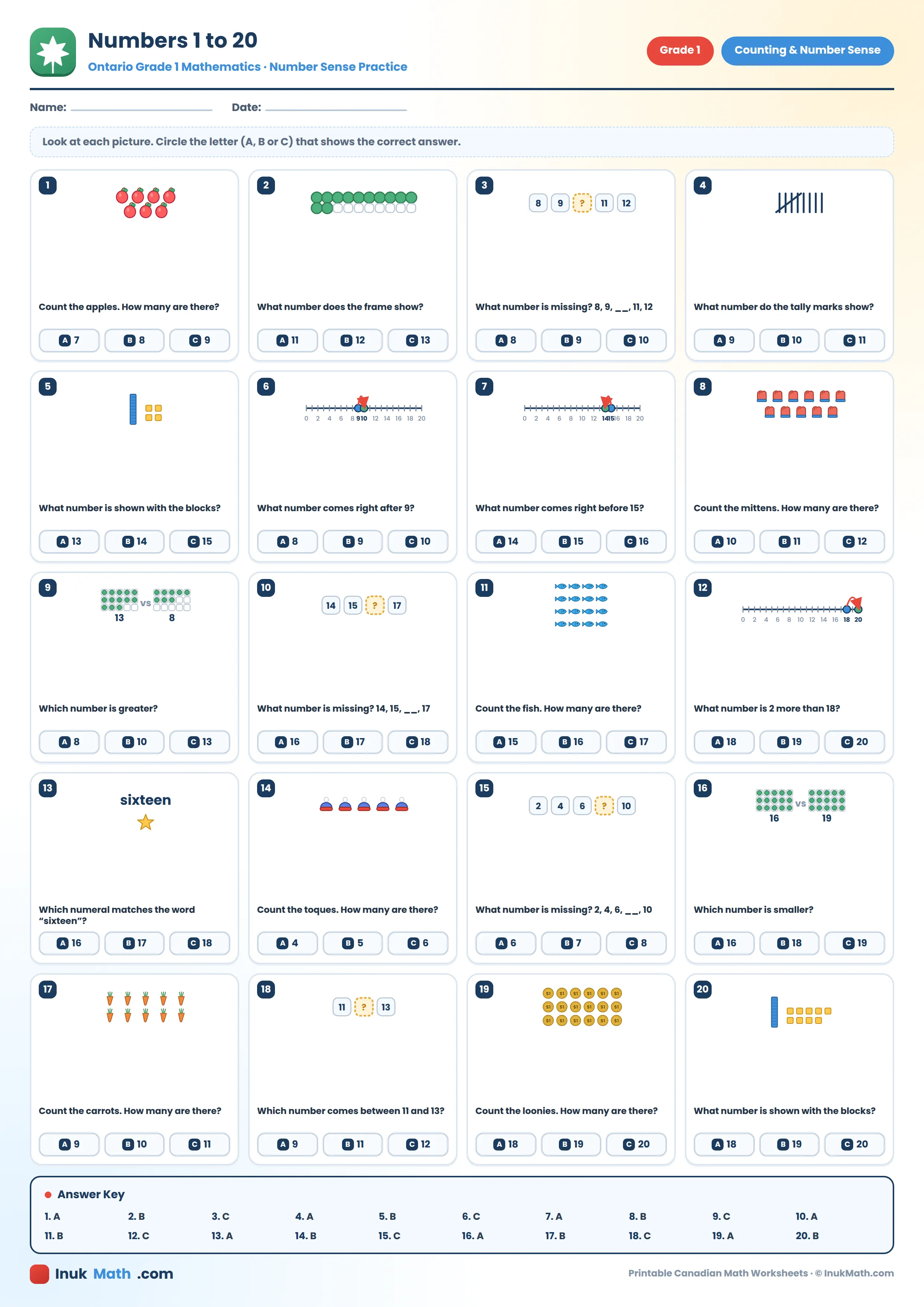 Numbers 1 to 20 – Grade 1 math worksheet