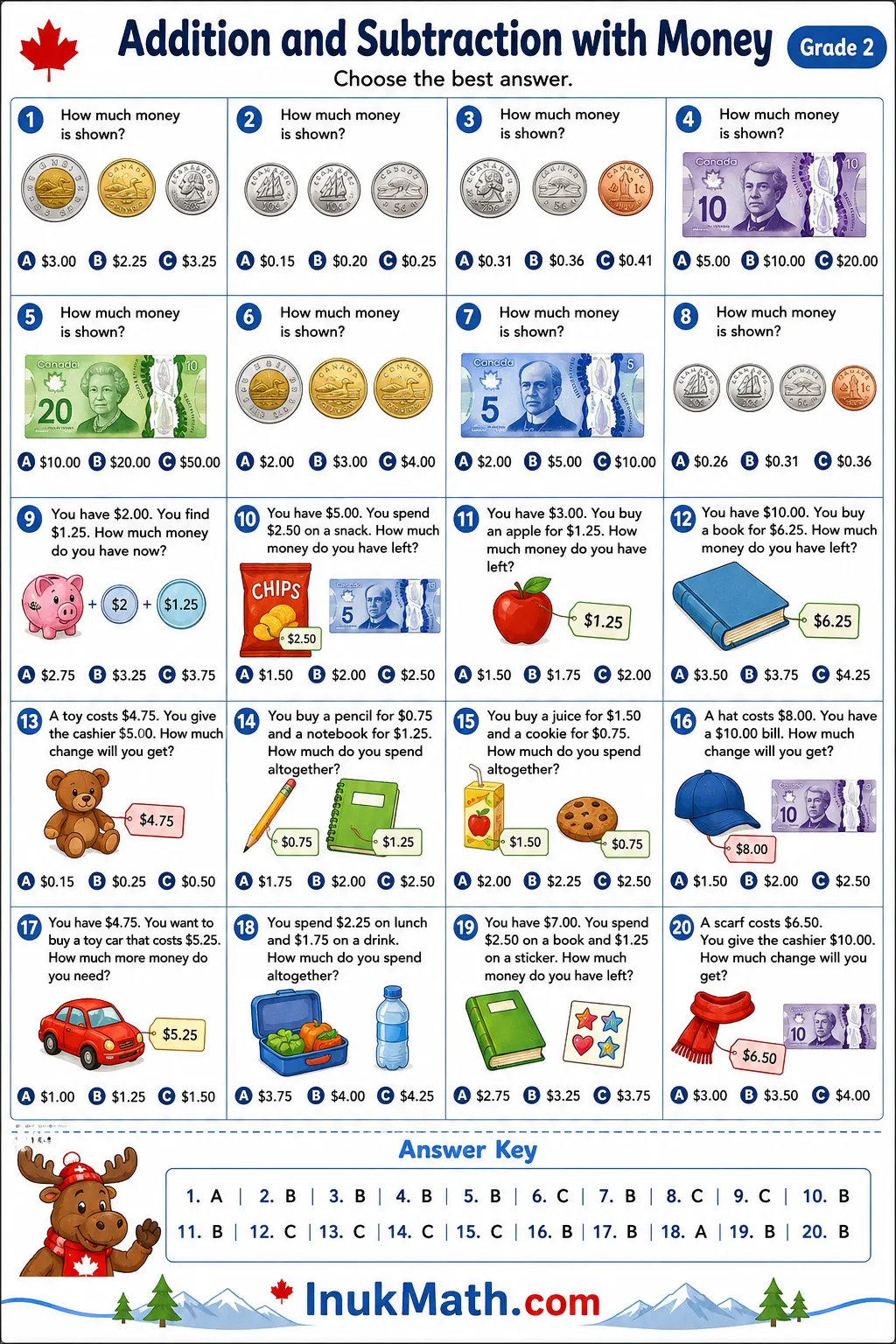 Addition and Subtraction with Money – Grade 2 math worksheet