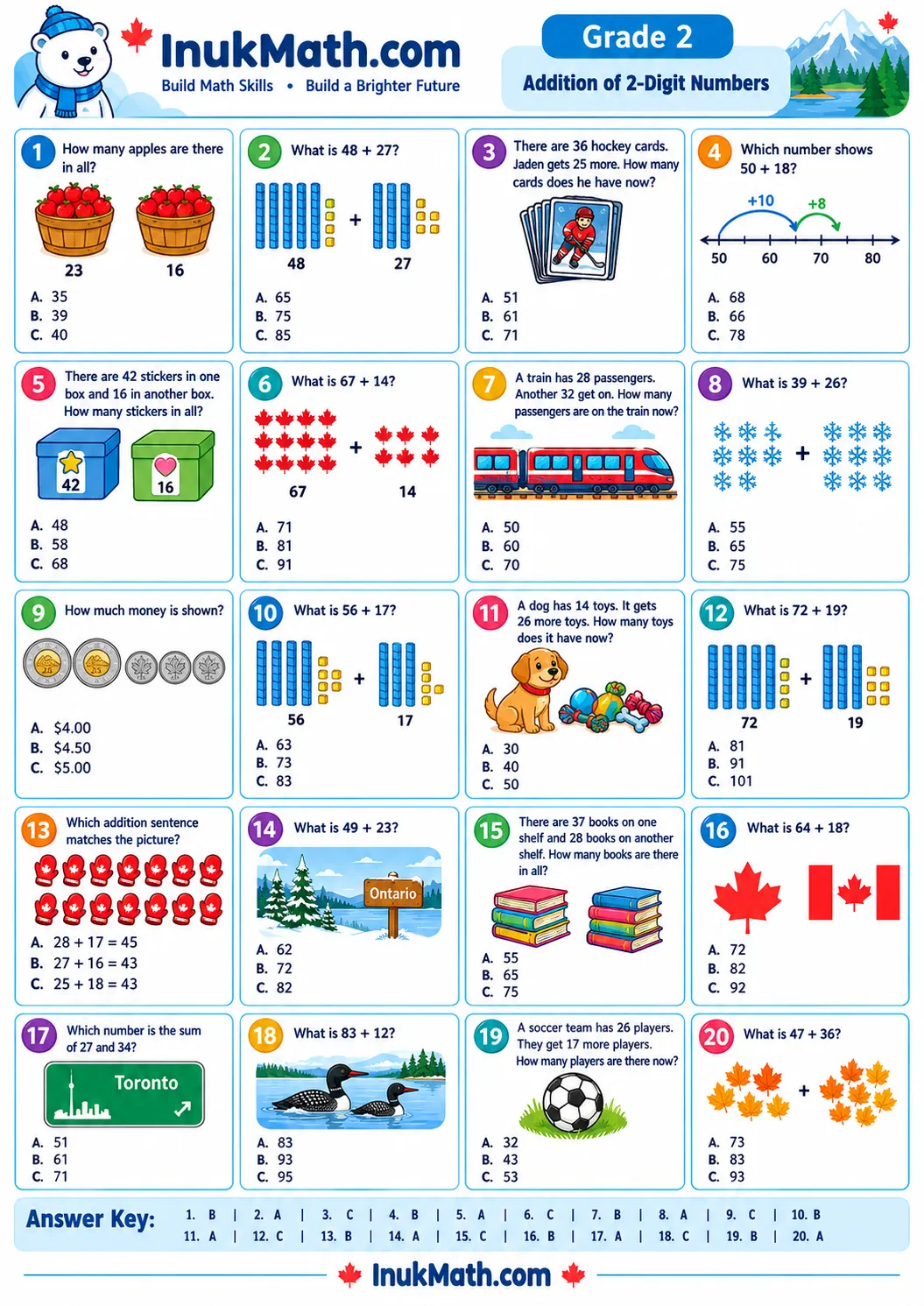 Addition of 2-Digit Numbers – Grade 2 math worksheet