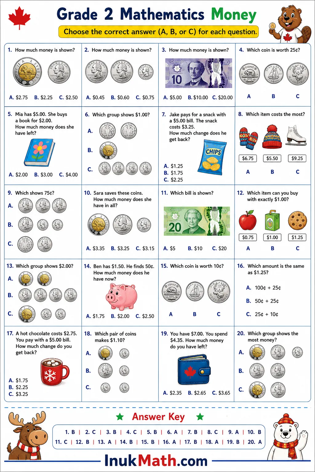 Money – Grade 2 math worksheet
