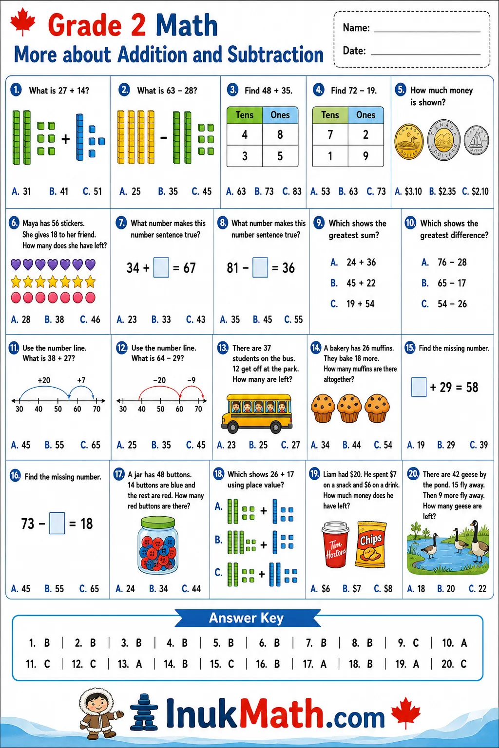 More about Addition and Subtraction – Grade 2 math worksheet