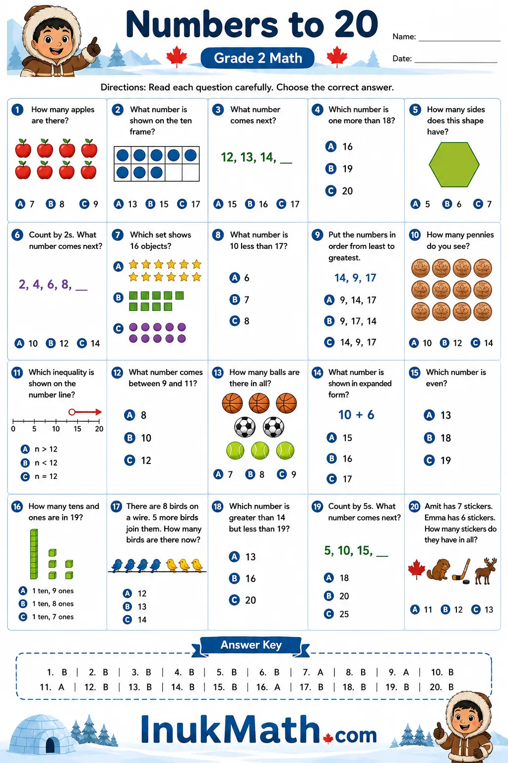 Numbers to 20 – Grade 2 math worksheet