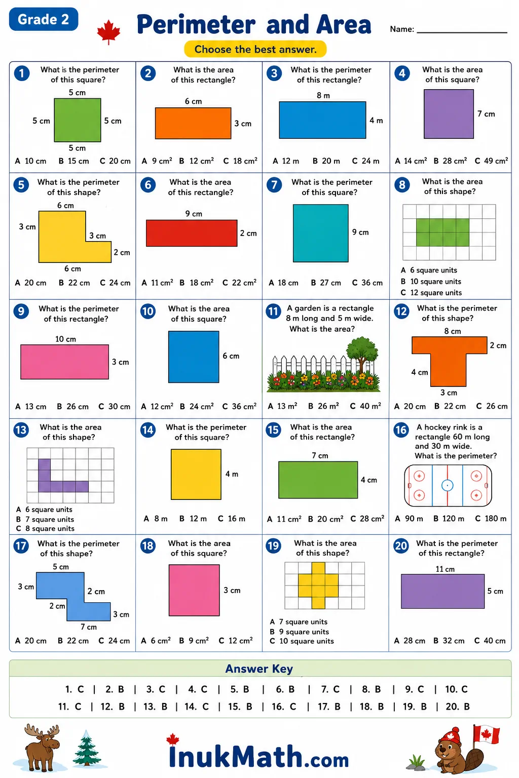 Perimeter and Area – Grade 2 math worksheet