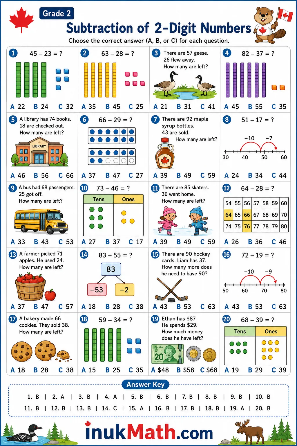 Subtraction of 2-Digit Numbers – Grade 2 math worksheet