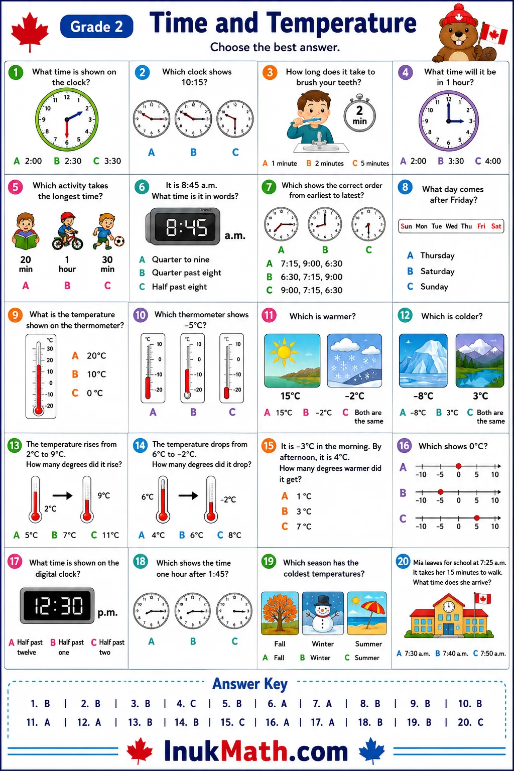 Time and Temperature – Grade 2 math worksheet