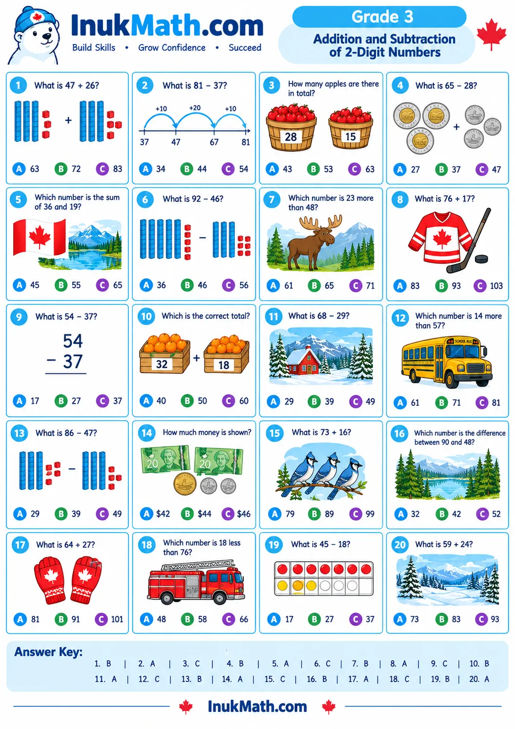 Addition and Subtraction of 2-Digit Numbers – Grade 3 math worksheet