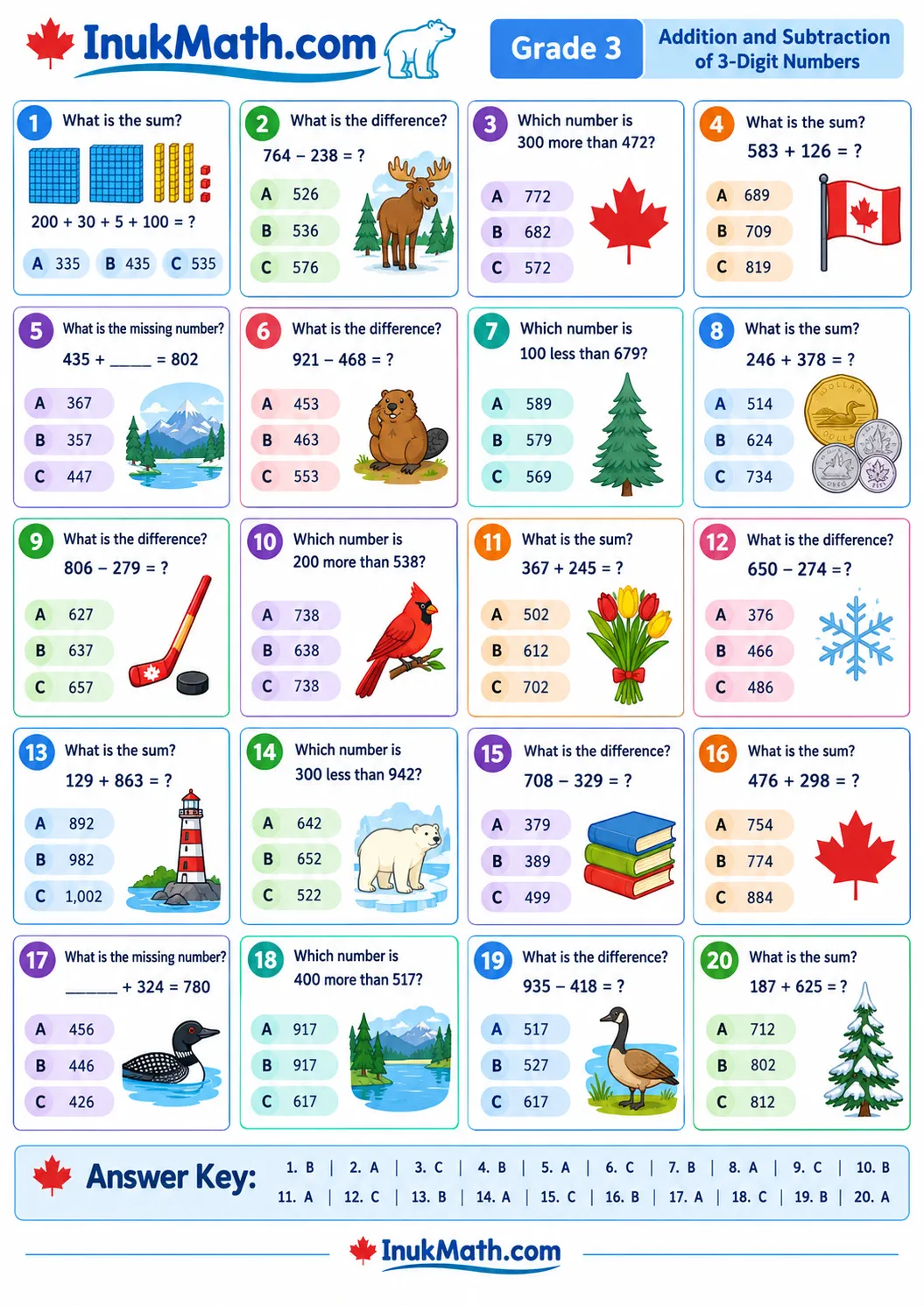 Addition and Subtraction of 3-Digit Numbers (Part 1) – Grade 3 math worksheet