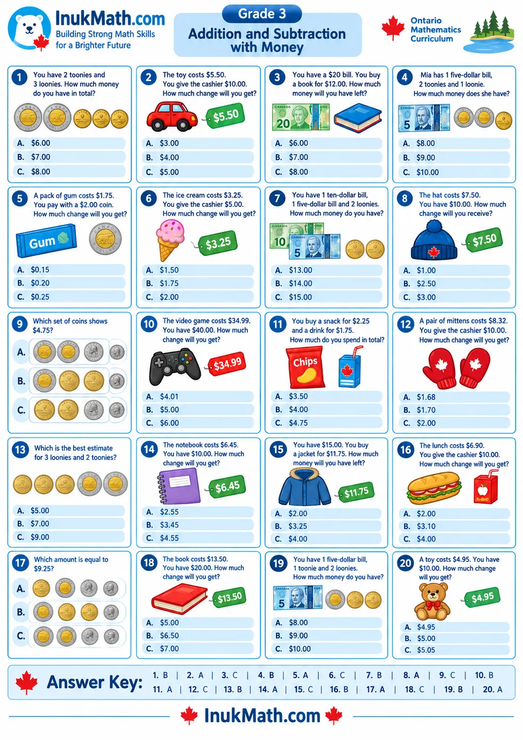 Addition and Subtraction with Money – Grade 3 math worksheet