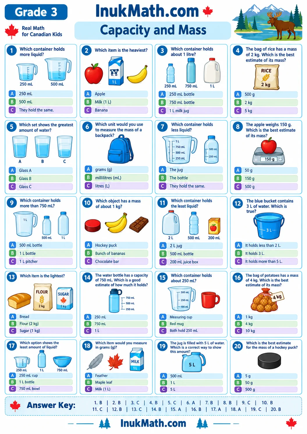 Capacity and Mass – Grade 3 math worksheet