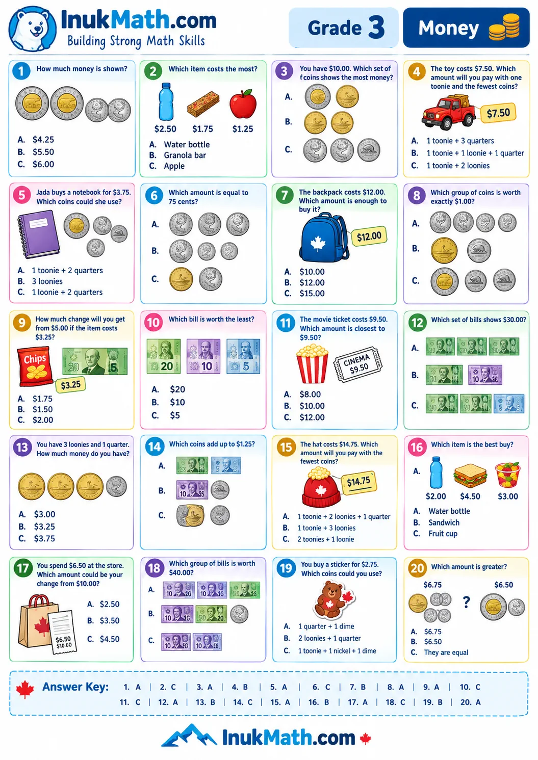 Money – Grade 3 math worksheet