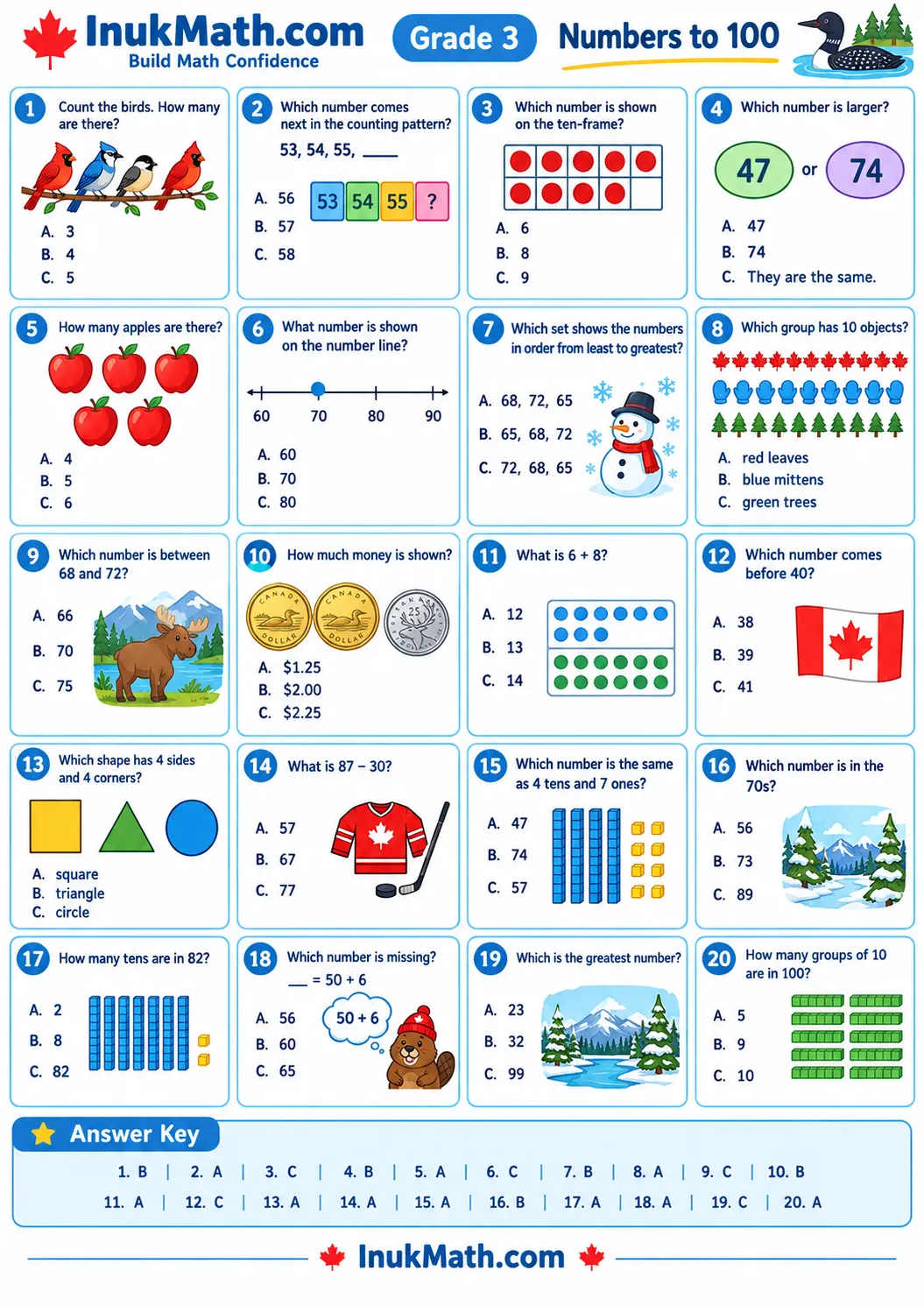 Numbers to 100 – Grade 3 math worksheet