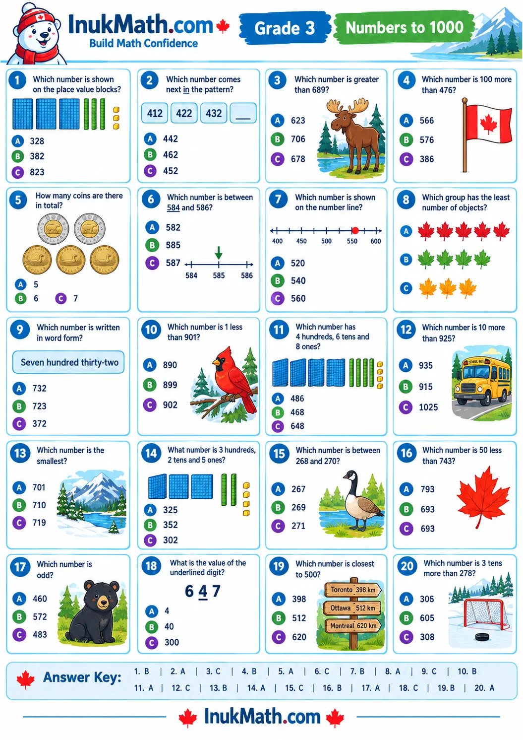 Numbers to 1000 – Grade 3 math worksheet