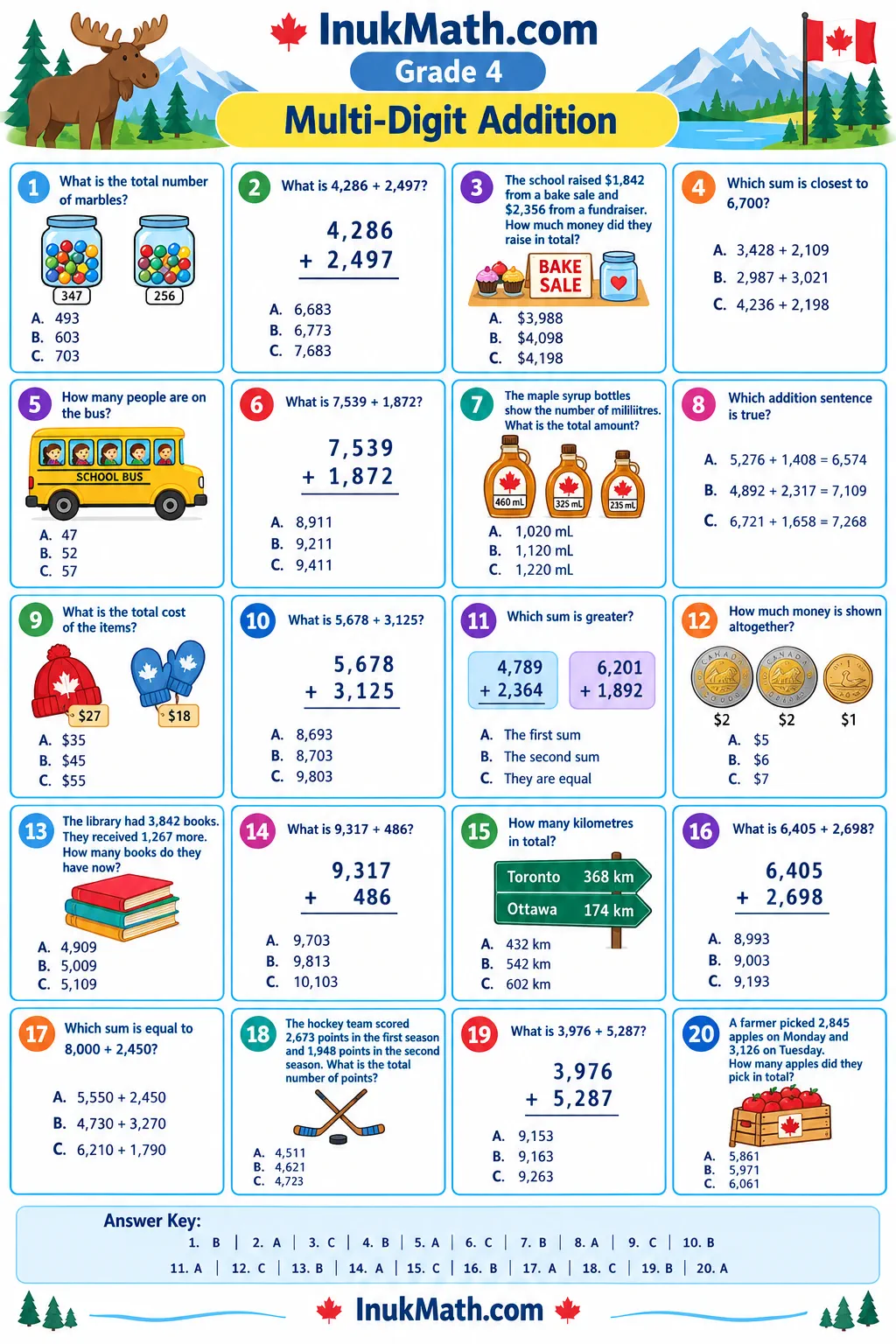 Multi-Digit Addition – Grade 4 math worksheet