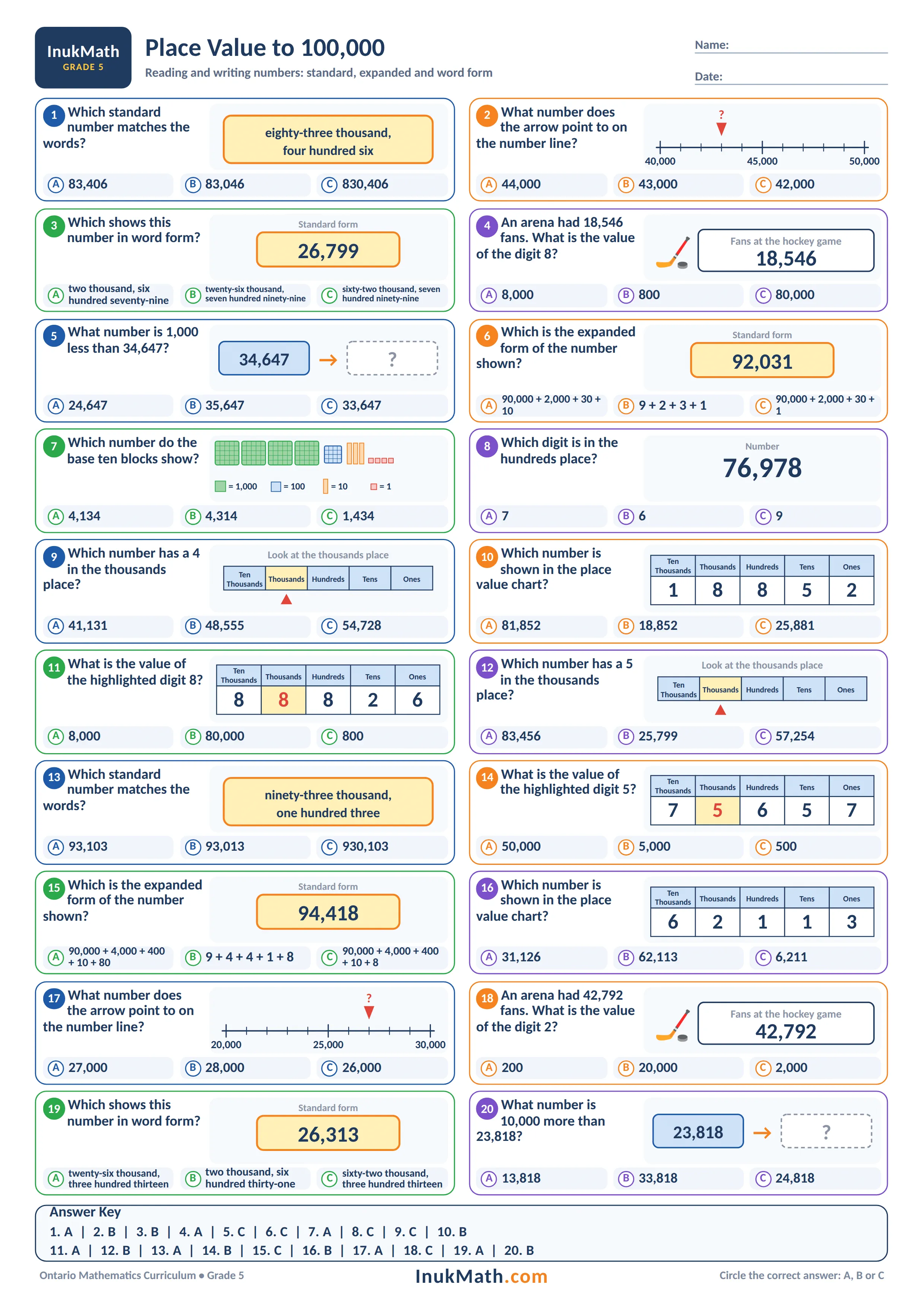 Place Value to 100,000 – Grade 5 math worksheet