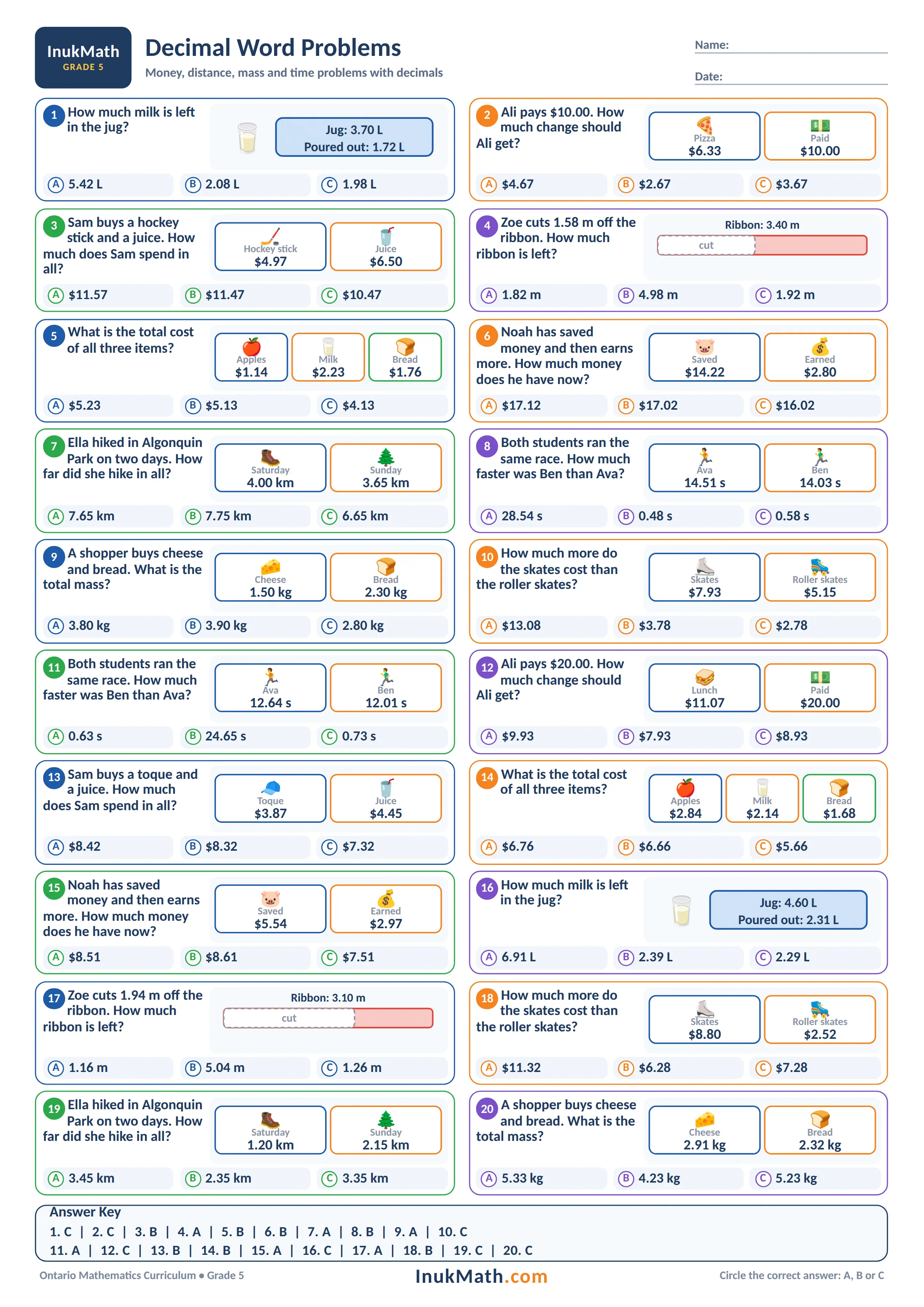 Decimal Word Problems – Grade 5 math worksheet