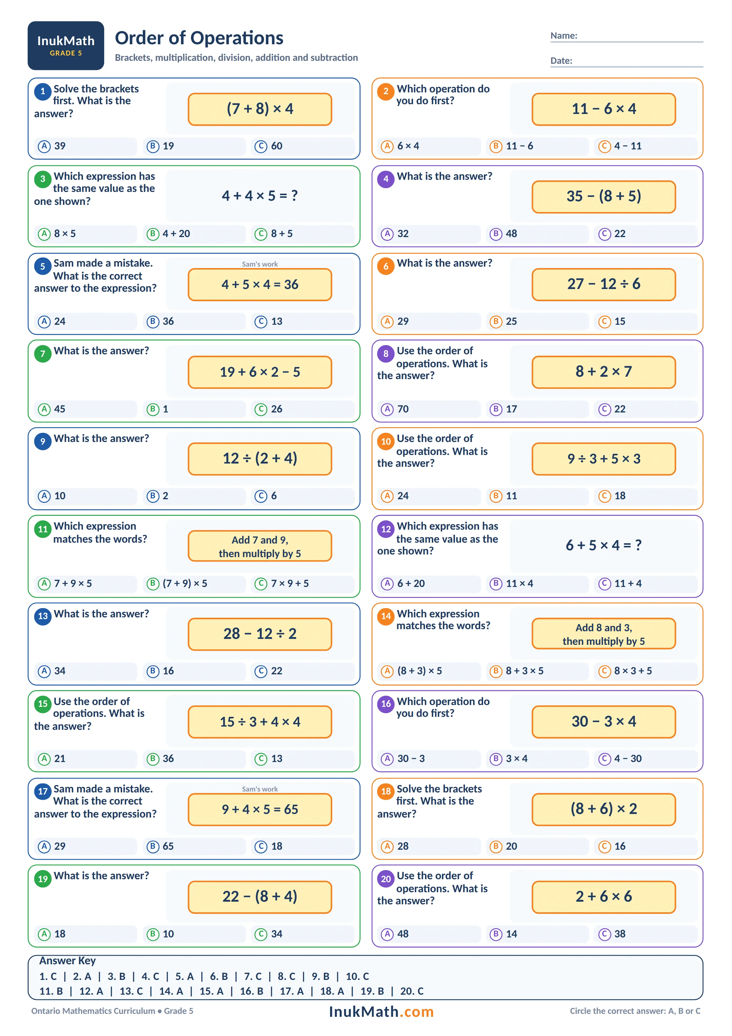 Order of Operations – Grade 5 math worksheet