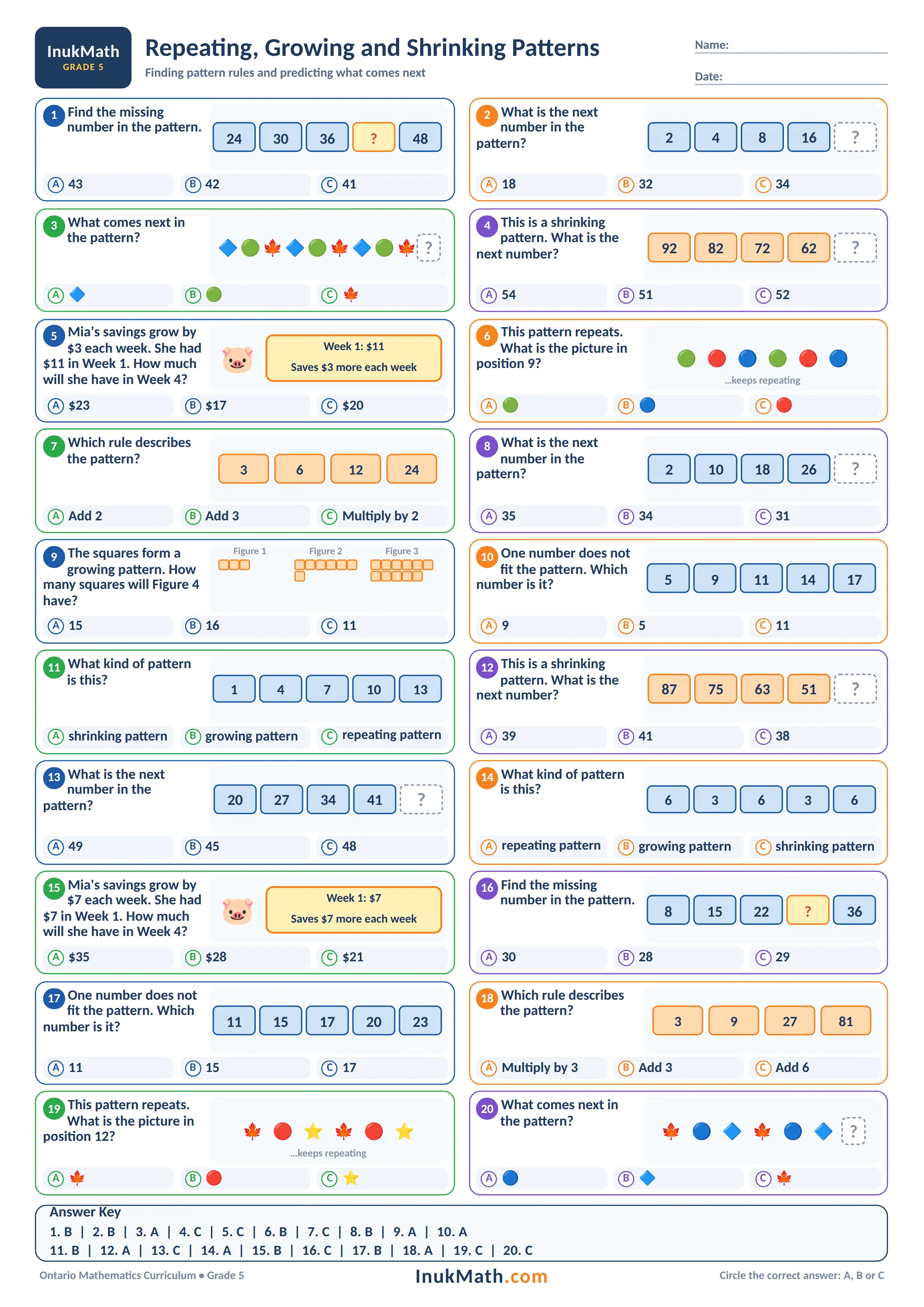 Repeating, Growing and Shrinking Patterns – Grade 5 math worksheet