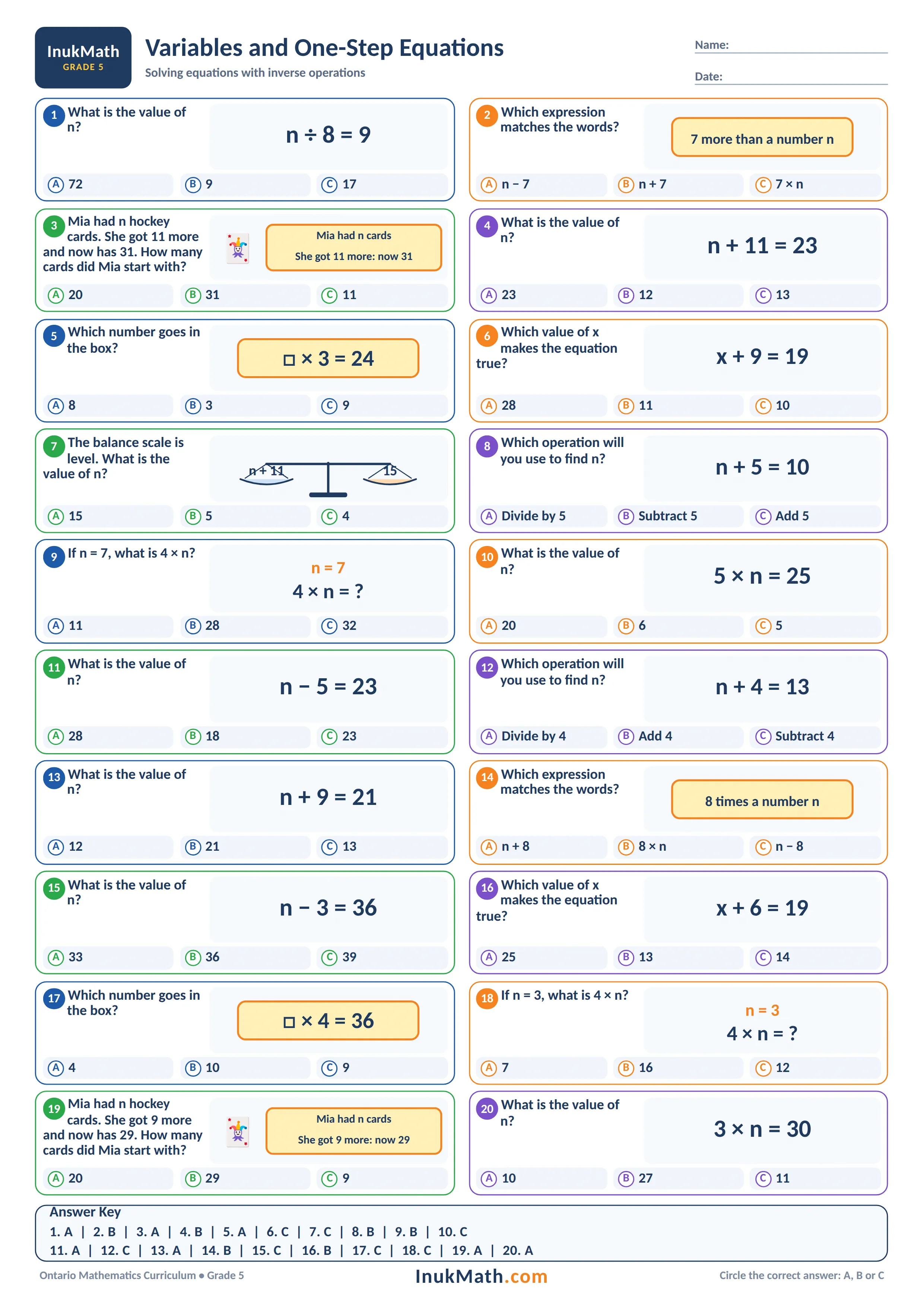 Variables and One-Step Equations – Grade 5 math worksheet