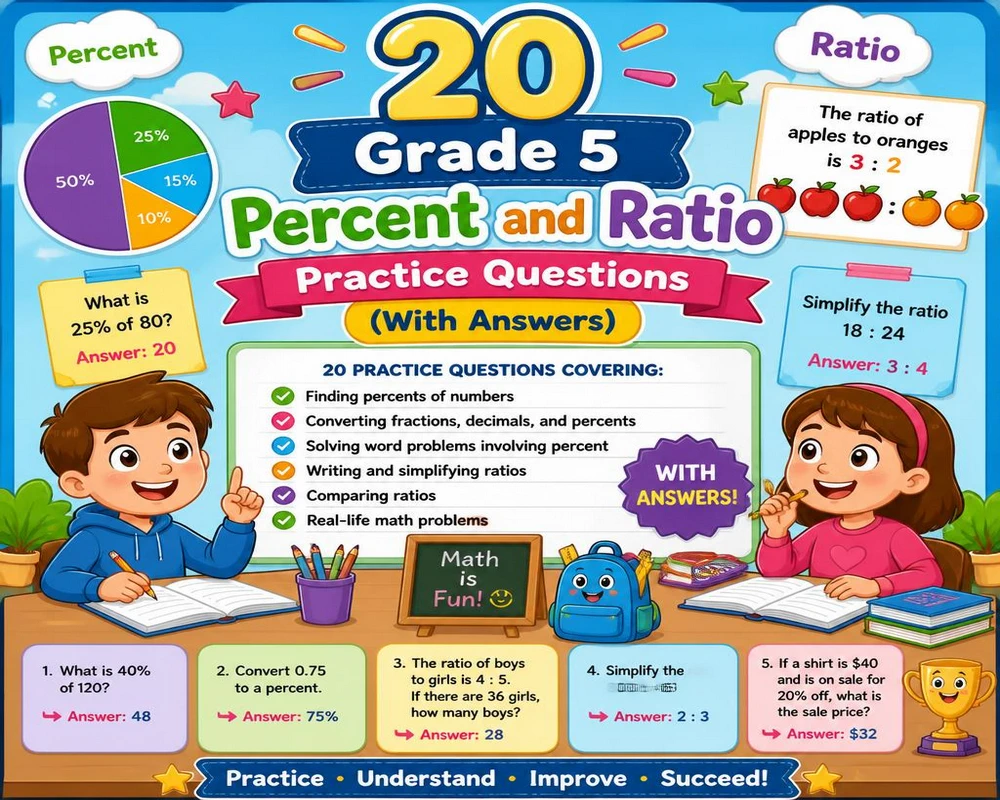 20 Grade 5 Percent and Ratio Practice Questions (With Answers)