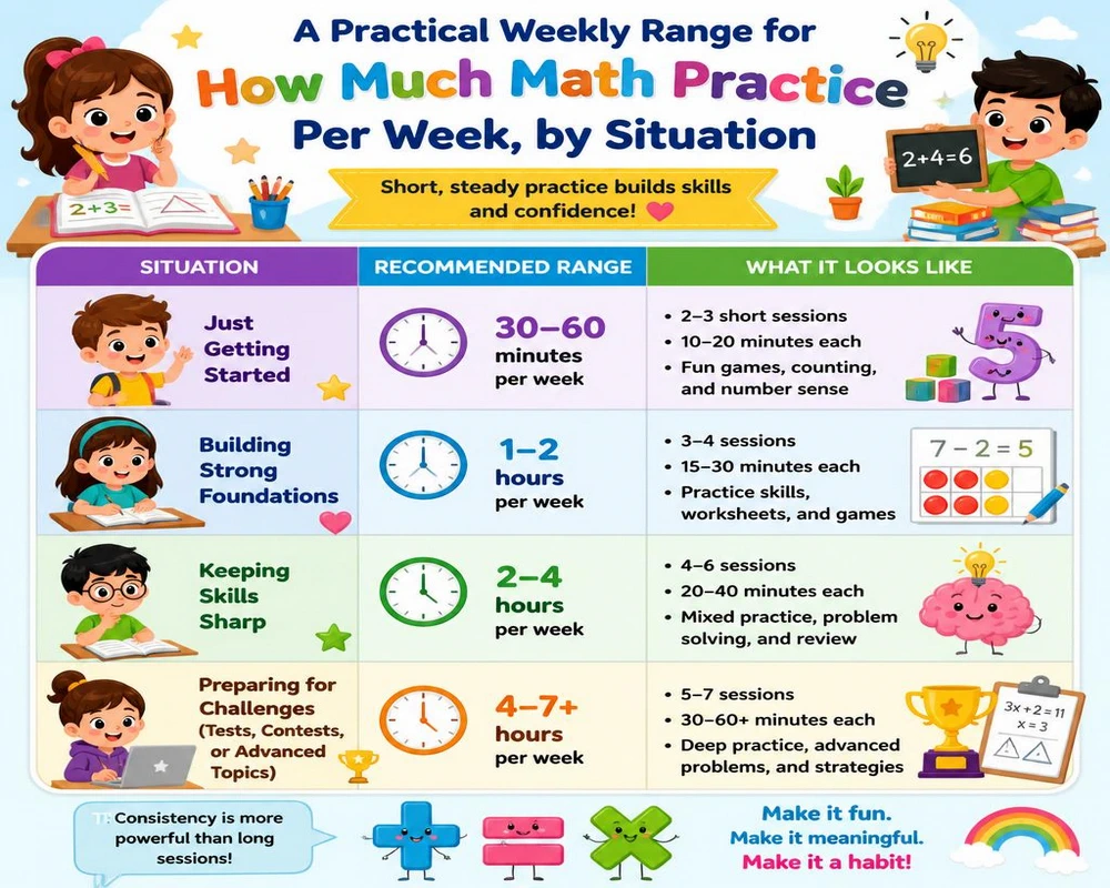 A Practical Weekly Range for How Much Math Practice Per Week, by Situation