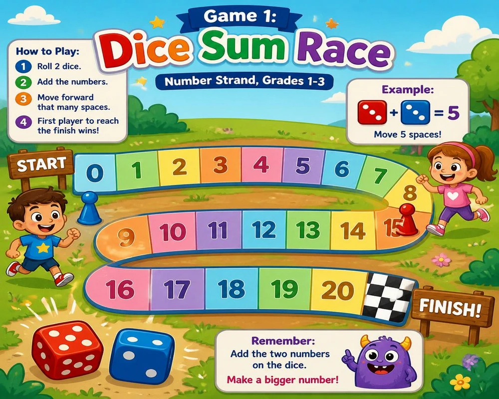 Game 1: Dice Sum Race (Number Strand, Grades 1-3)