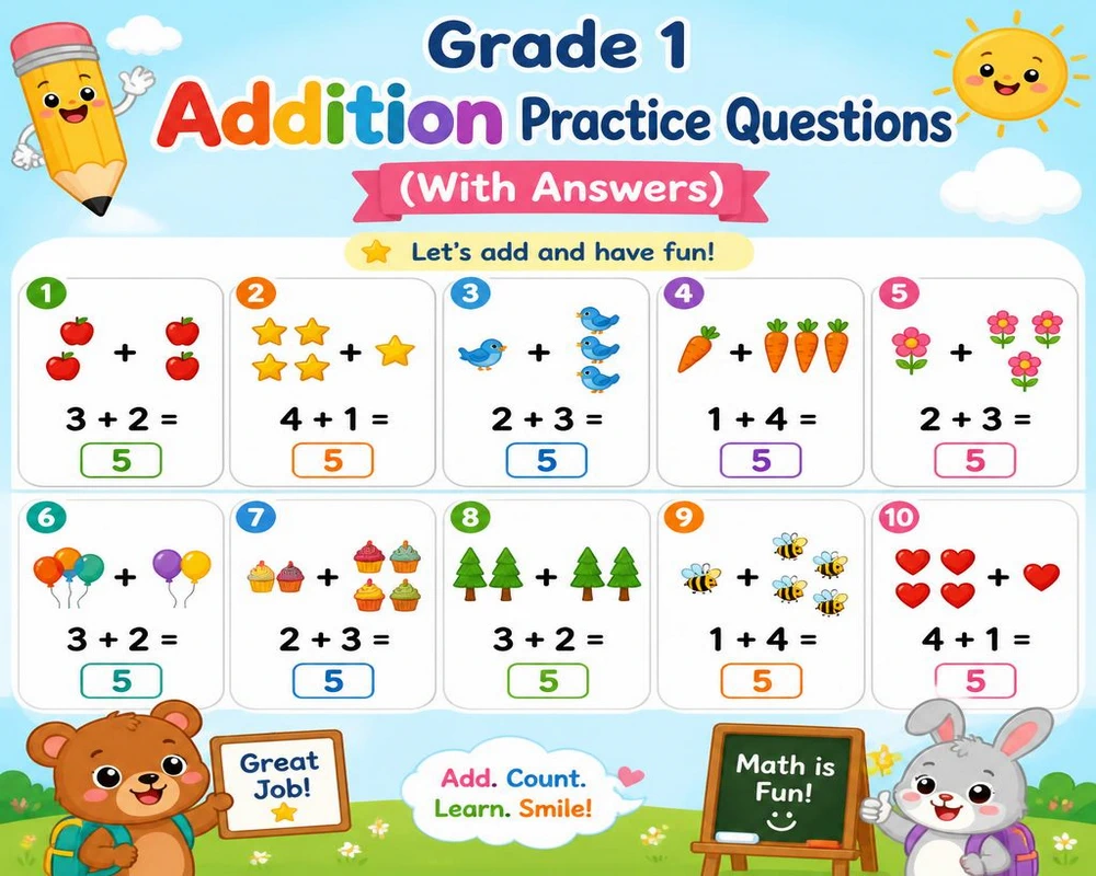 Grade 1 Addition Practice Questions (With Answers)