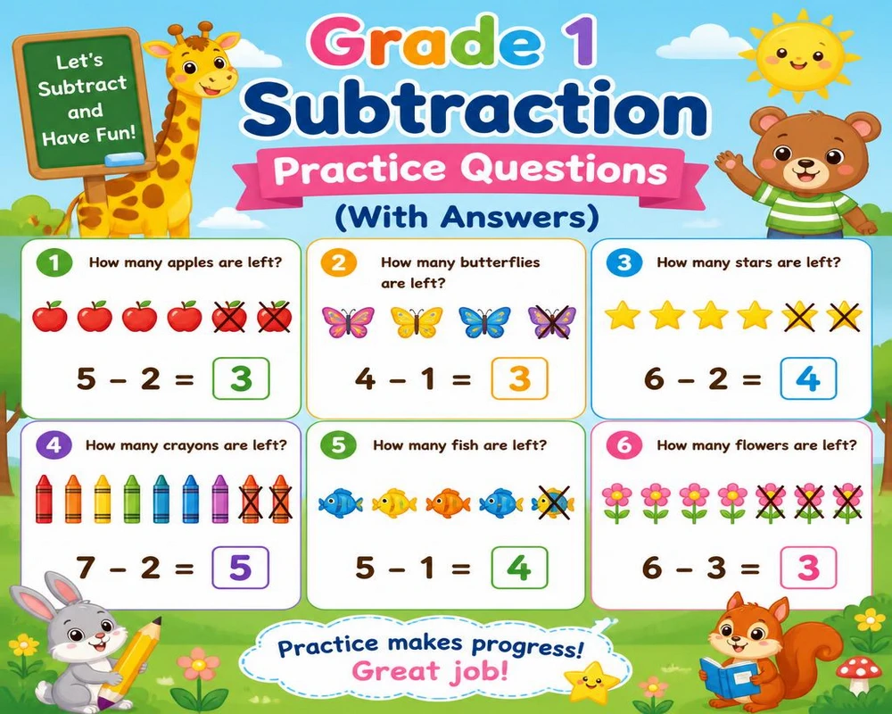 Grade 1 Subtraction Practice Questions (With Answers)