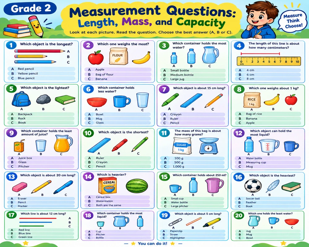 Grade 2 Measurement Questions: Length, Mass, and Capacity