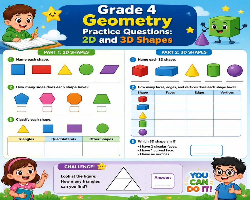 Grade 4 Geometry Practice Questions: 2D and 3D Shapes