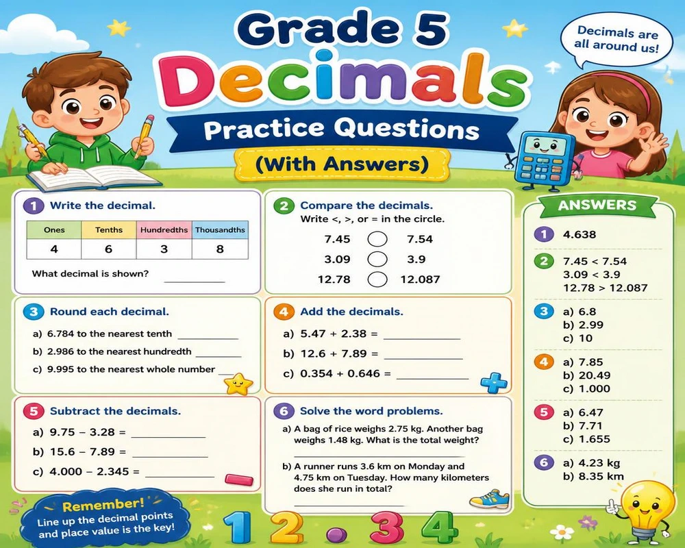 Grade 5 Decimals Practice Questions (With Answers)