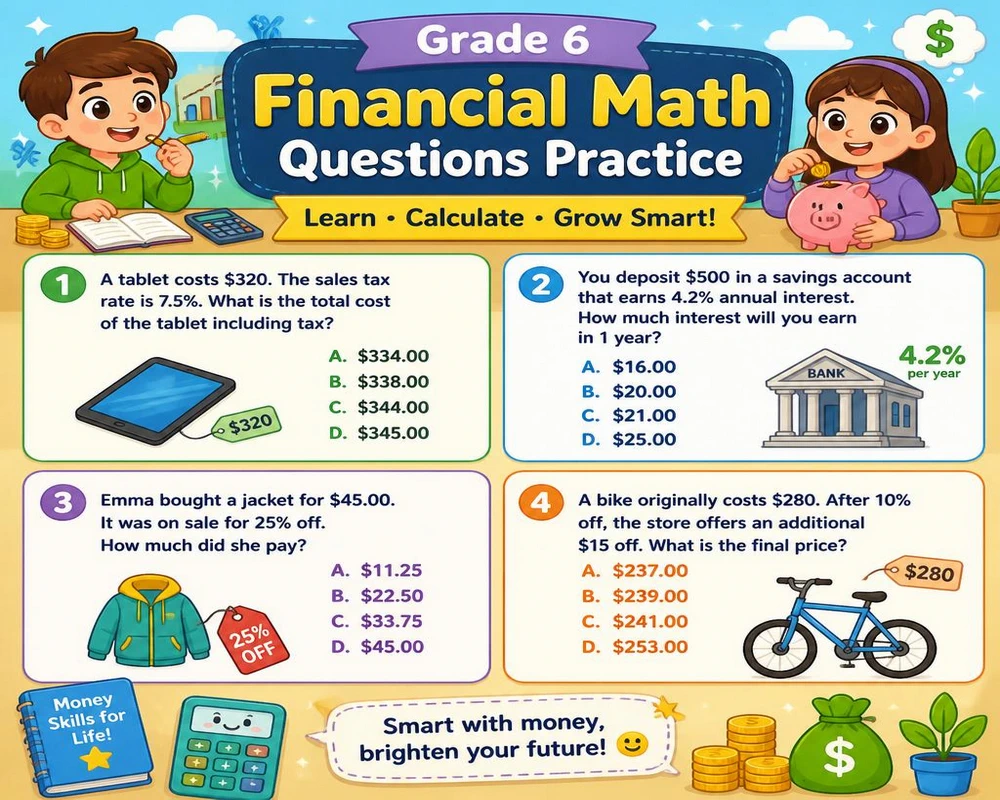 Grade 6 Financial Math Questions Practice
