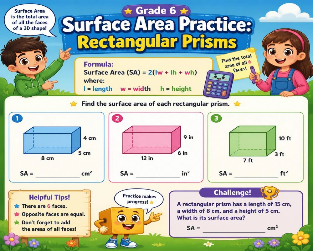 Grade 6 Surface Area Practice: Rectangular Prisms