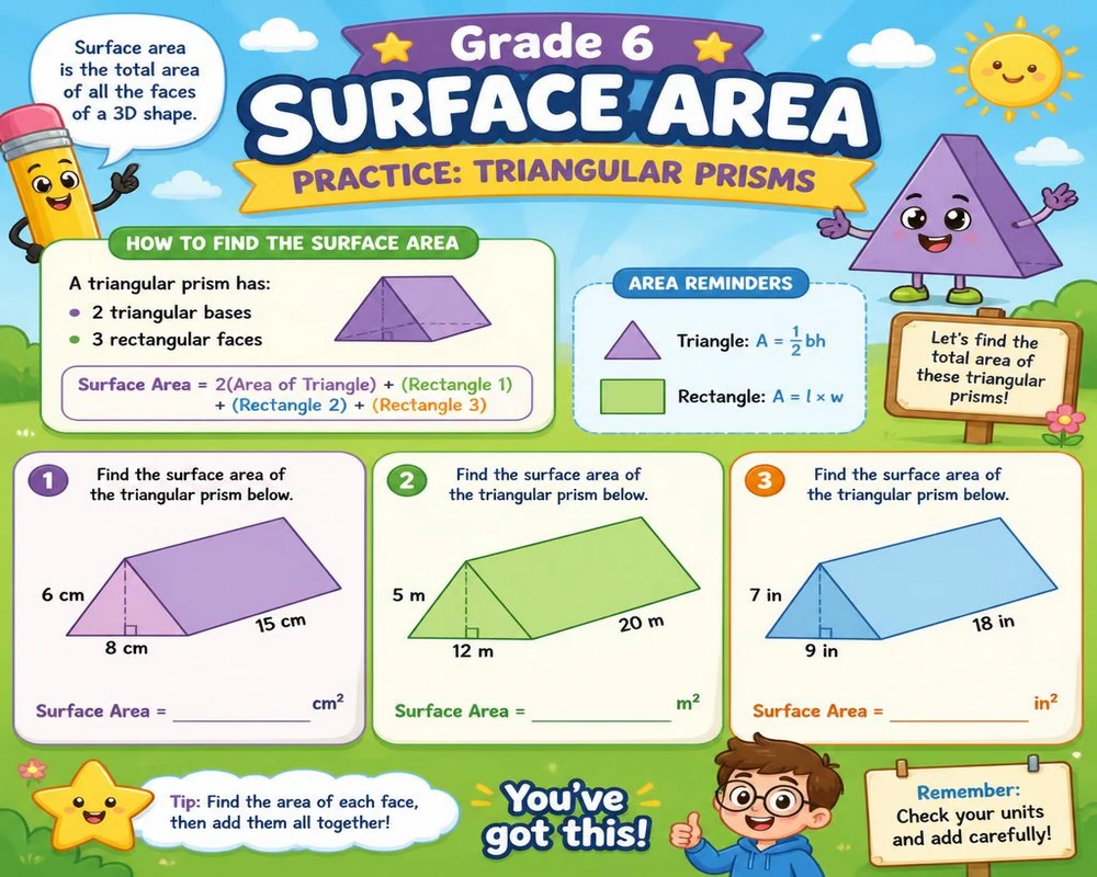 Grade 6 Surface Area Practice: Triangular Prisms