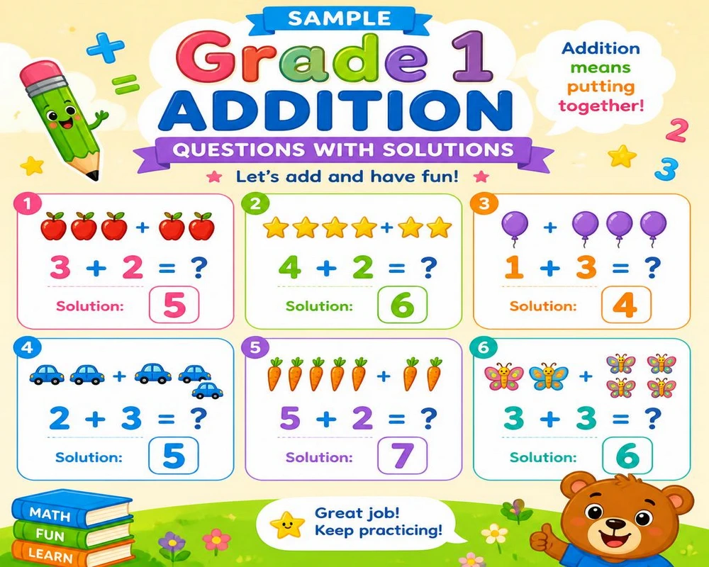 Sample Grade 1 Addition Questions with Solutions