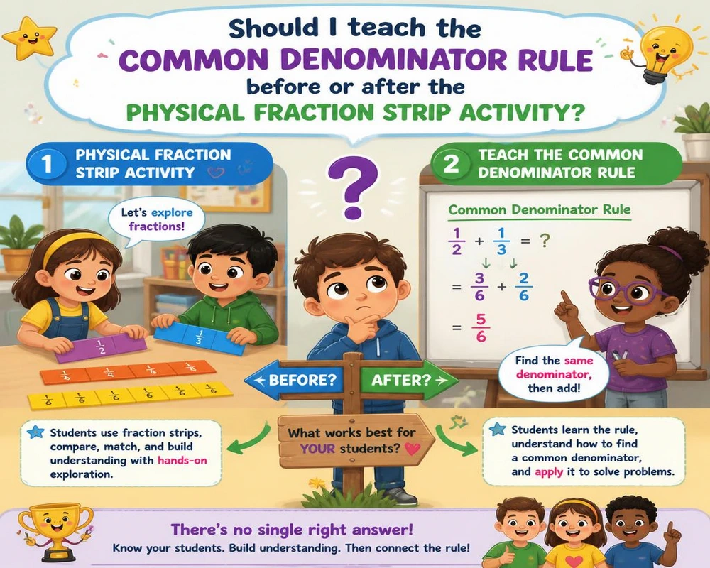 Should I teach the common denominator rule before or after the physical fraction strip activity?