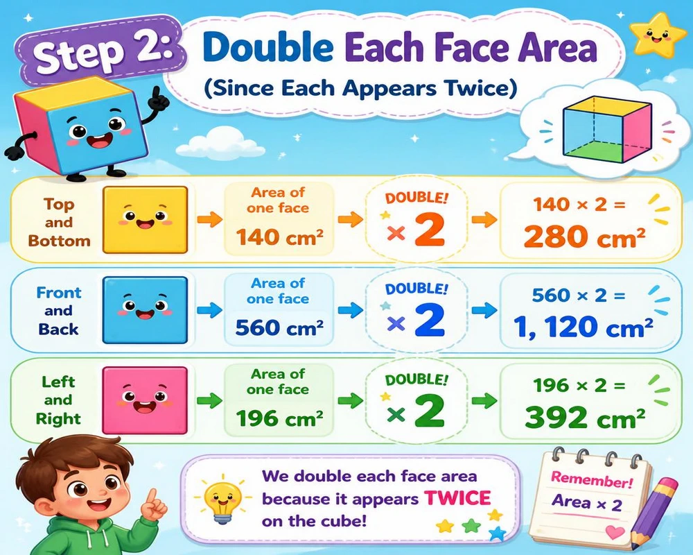 Step 2: Double Each Face Area (Since Each Appears Twice)