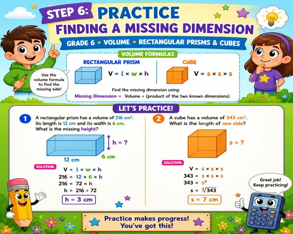 Step 6: Practice Finding a Missing Dimension in Grade 6 Volume Rectangular Prisms Cubes Problems