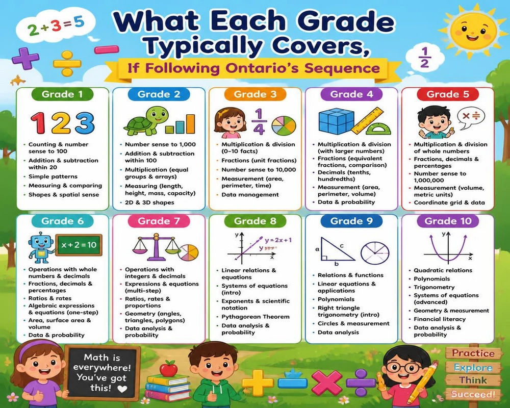 What Each Grade Typically Covers, If Following Ontario's Sequence