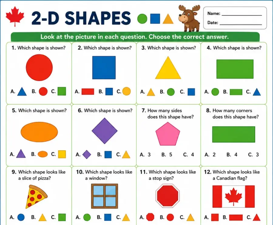 2-D Shapes – Grade 1 math worksheet (preview)