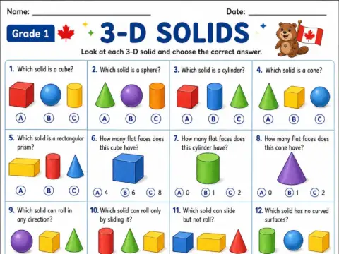3-D Solids – Grade 1 math worksheet preview