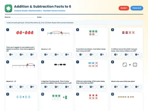 Addition and Subtraction Facts to 10 – Grade 1 math worksheet preview