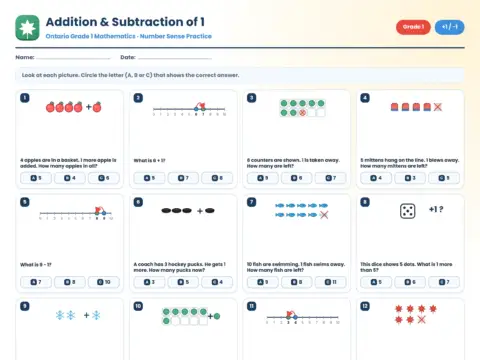 Addition and Subtraction of 1 – Grade 1 math worksheet preview