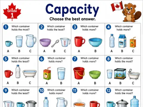 Capacity – Grade 1 math worksheet preview