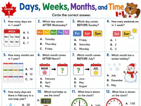 Days, Weeks, Months, and Time – Grade 1 math worksheet preview