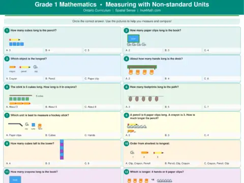 Measuring with Non-standard Units – Grade 1 math worksheet preview