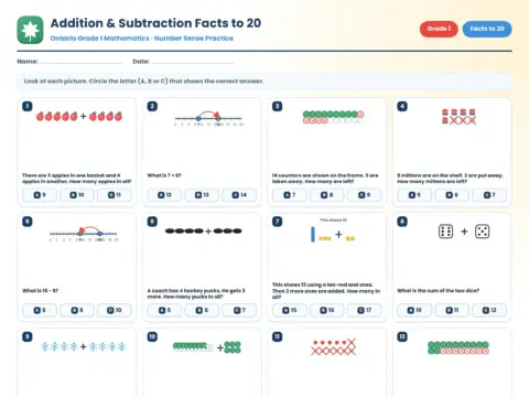 More about Addition and Subtraction – Grade 1 math worksheet preview