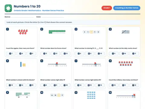 Numbers 1 to 20 – Grade 1 math worksheet preview